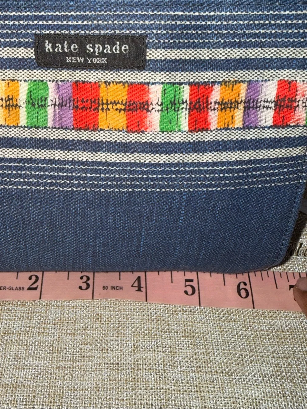 kate spade Navy Striped Canvas Pouch with Multicolor Embroidered Band